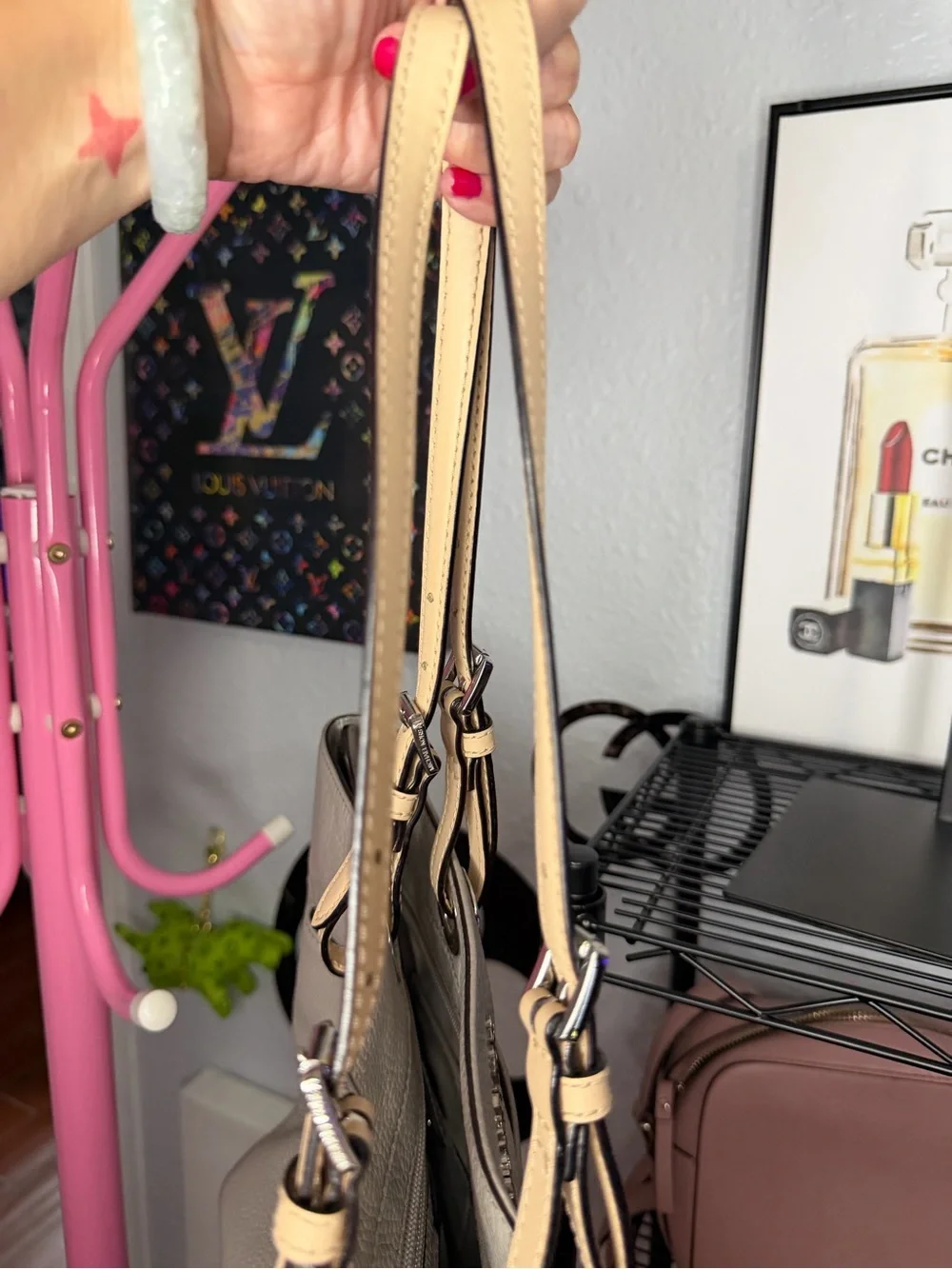 Michael Kors Pebbled Leather Tote Bag in Light Gray with Beige Handles